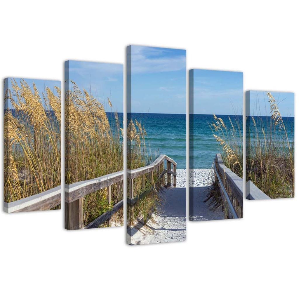 5-teiliges leinwandbild abstieg zum strand 150x100 cm Feeby blau wandbild bereit zum aufhängen