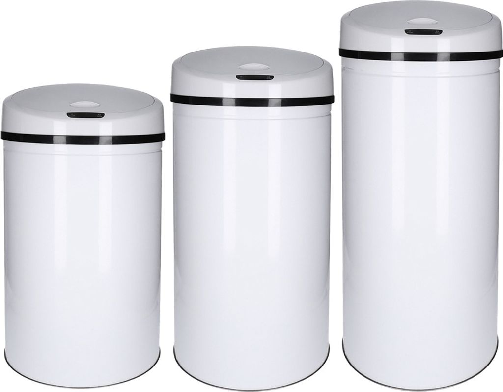 Three white trash cans of different sizes are lined up against a white background.