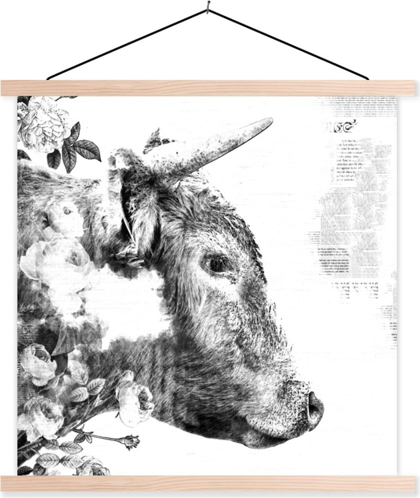 MuchoWow Textilposter Scottish Hochlandrind - Zeitung - Schwarz - Weiß 120x120 cm mit holzfarbenen Rahmen - Textil-Poster