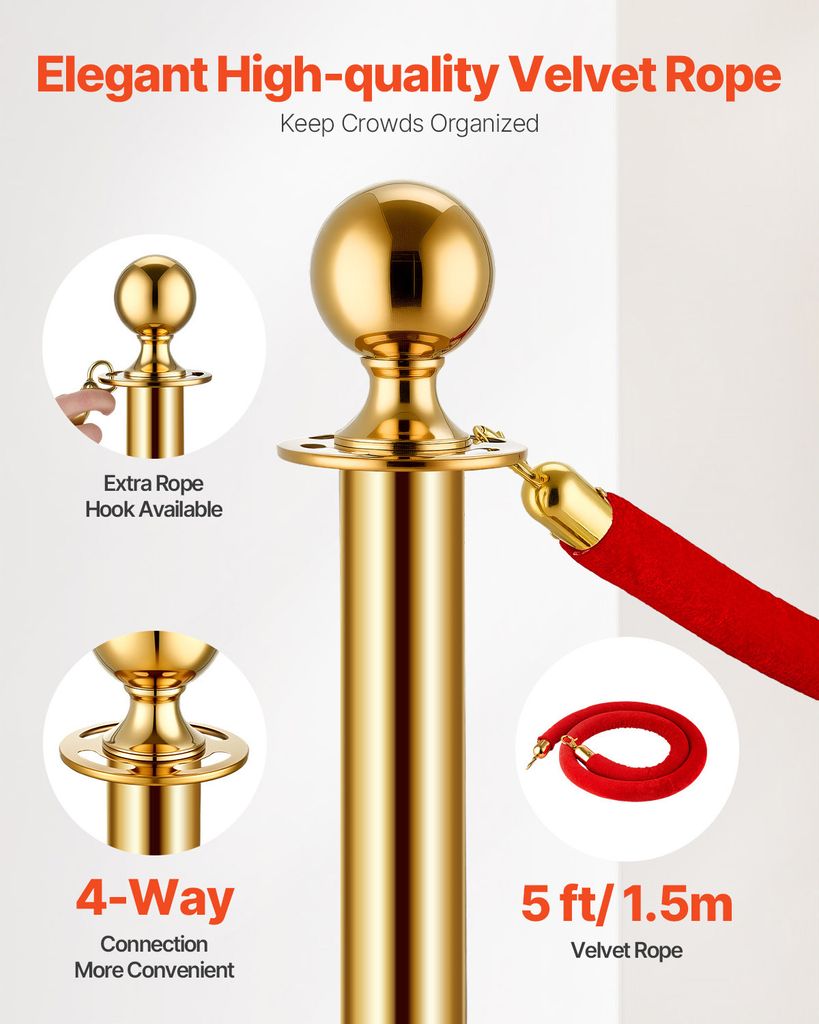 Produktbild von 4-teiliges Personenleitsystem – Absperrpfosten Mit Samtkordel, Gold/rot, 95x32 Cm, Edelstahl + Beton-Gummi-Fuß – Für Hotels, Flughäfen & Veranstaltungen
