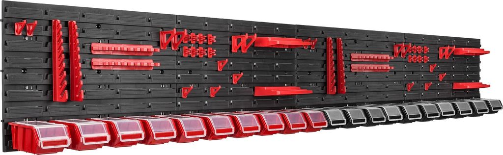 A wall-mounted storage system with multiple compartments and tool holders.