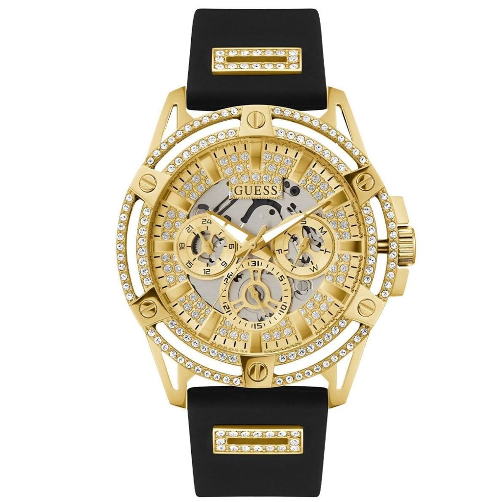 A close-up, studio shot of a gold Guess watch with a black band, set against a white background.