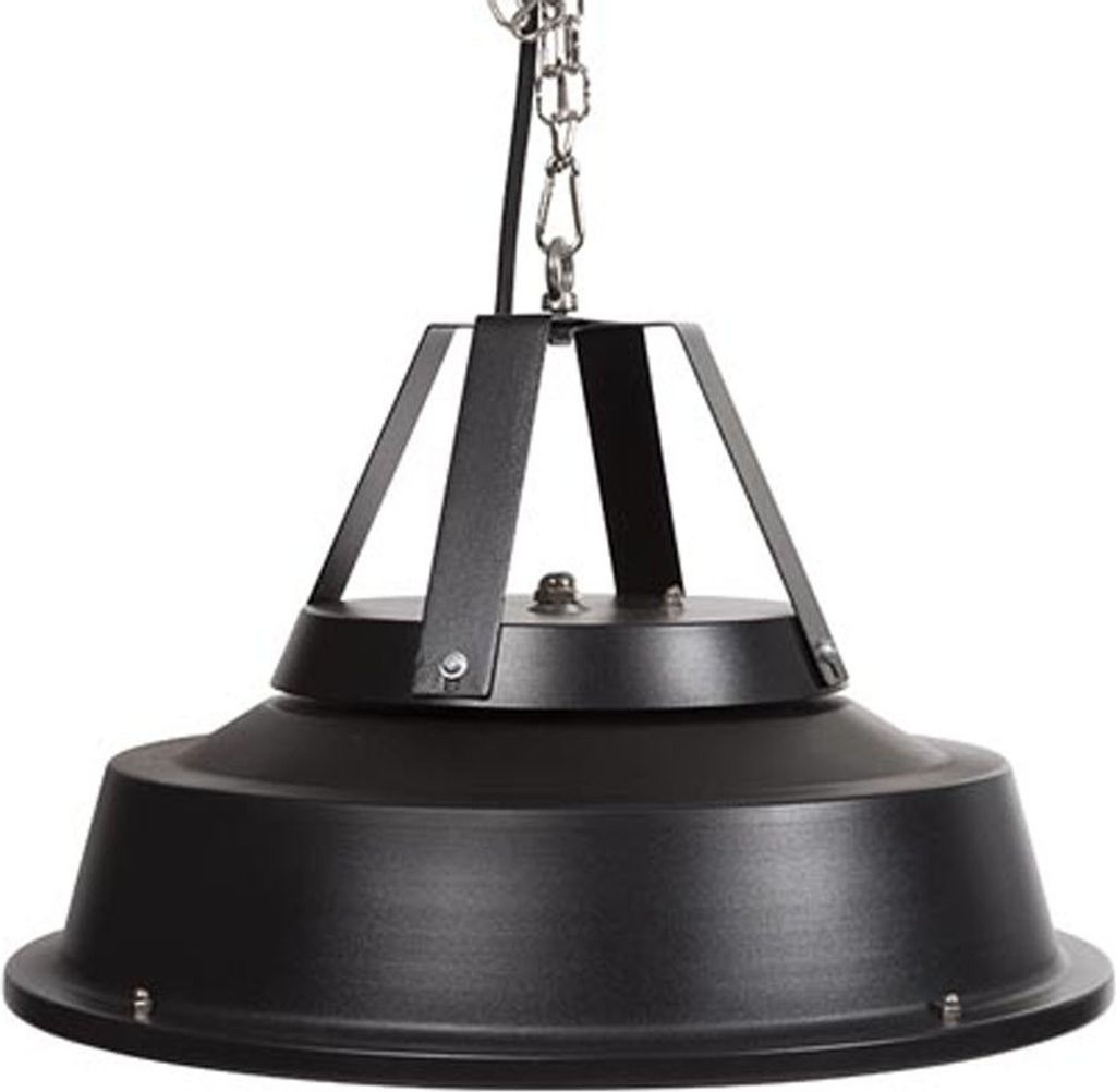 A black ceiling-mounted patio heater with a chain suspension.