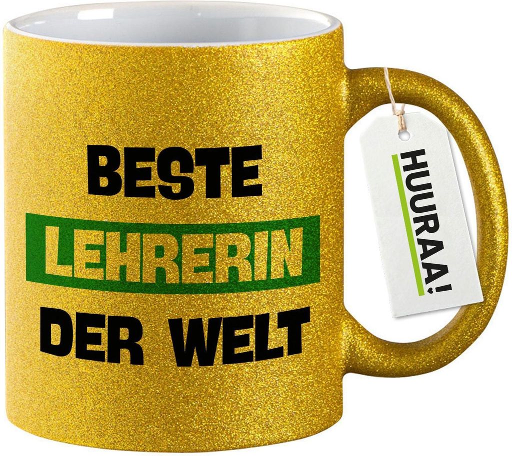 Huuraa Glitzertasse Beste Lehrerin der Welt 330ml Gold Keramik Kaffeebecher Geschenkidee