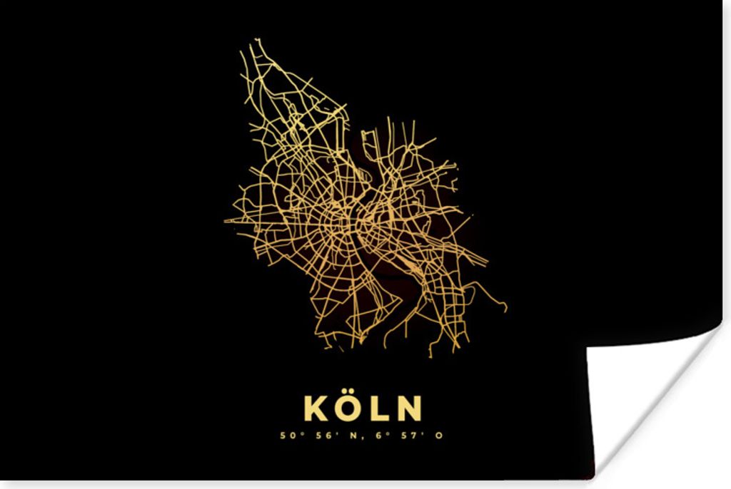 MuchoWow Poster Köln - Karte - Gold - Stadtplan 30x20 cm - Plakate - Print