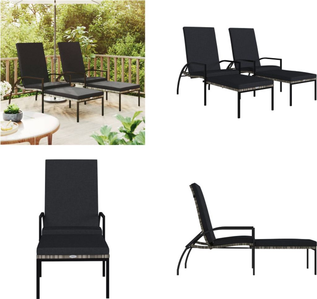 vidaXL Sonnenliegen 2 Stk. mit Fußhocker PE Rattan Grau - Sonnenliege - Sonnenliegen - Chaiselongue - Gartenstuhl