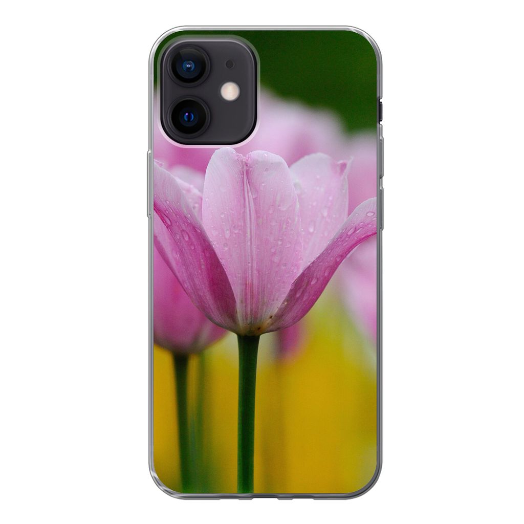 MuchoWow Handyhülle Schutzhülle Hülle für iPhone 12 Blumen - Tulpen - Rosa Silikon Softcase Handy Hülle - Schutzhülle