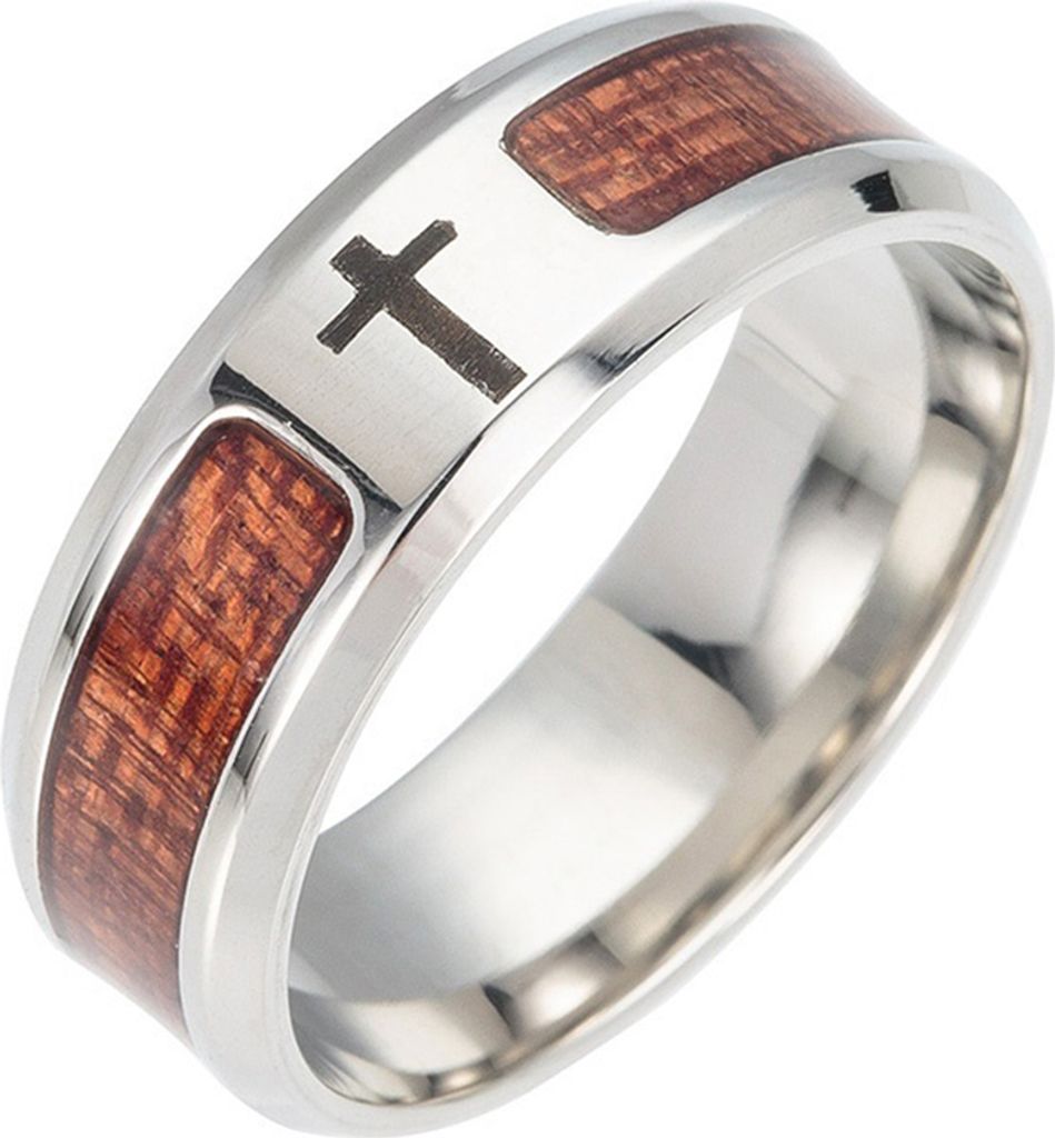 Uni Holz eingelegter Edelstahl Baum des Lebens Kreuz Fingerring Schmuck Geschenk-Kreuzen,US 11