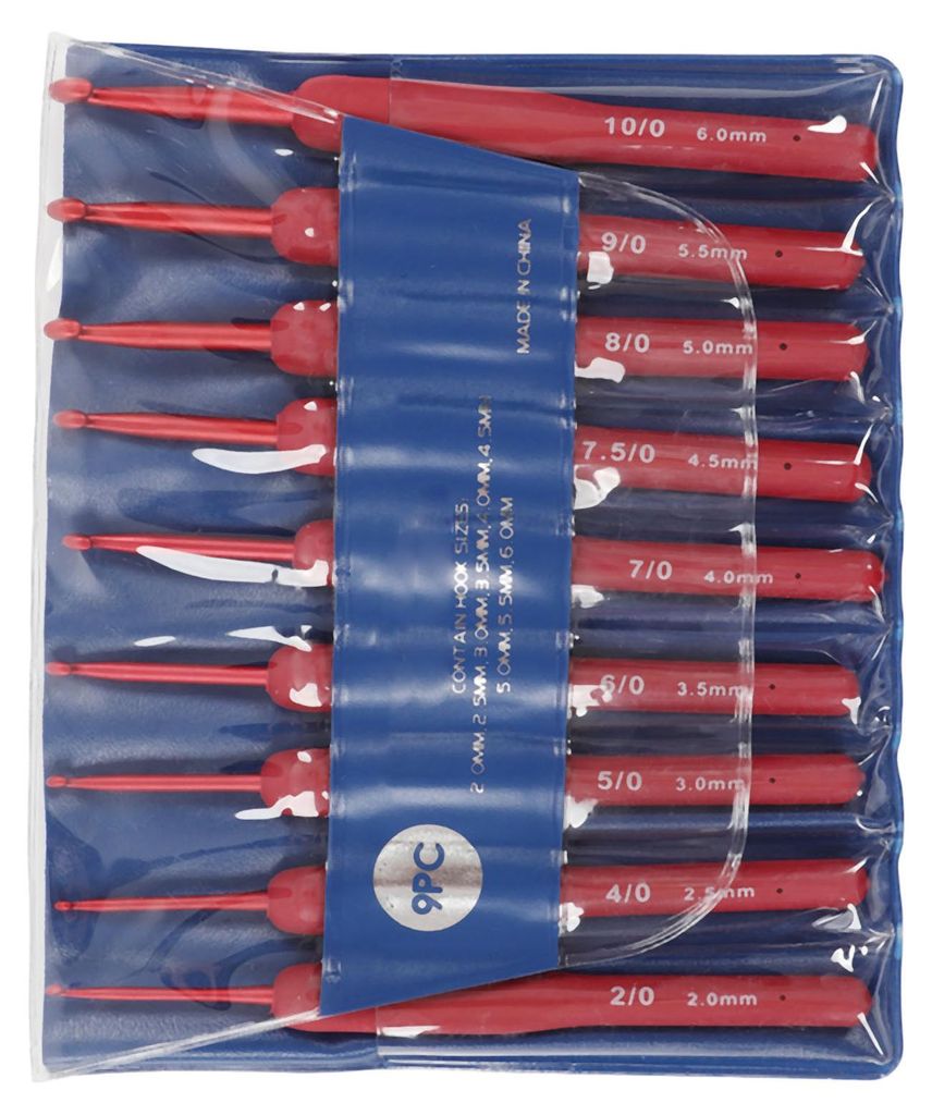 9-teiliges Häkelnadel-Set aus rotem Aluminium mit ergonomischem Silikongriff, tragbar und glänzend, ideal zum Stricken und Weben.