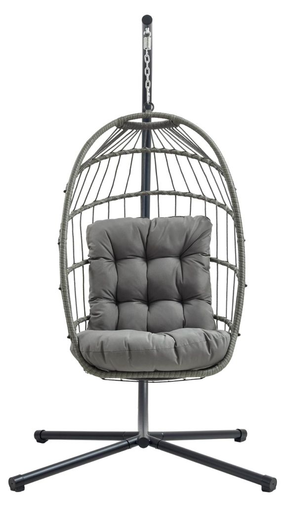 Hängesessel Grau aus Rattan, Garten Schaukel, klappbar, 15cm Kissen, Stahlgestell, Tragkraft 150kg, draußen und drinnen, Terrasse, Balkon, UV-bes...