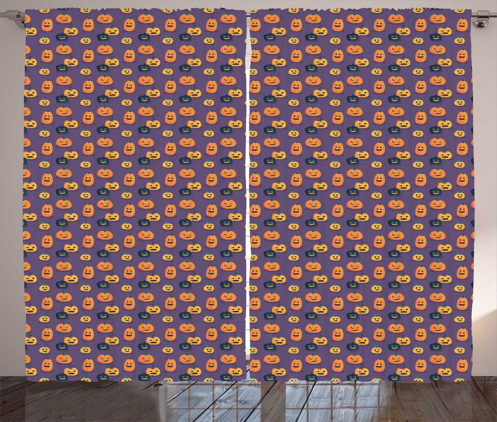 ABAKUHAUS Halloween Rustikaler Gardine, Spooky Pumpkins-Muster, Schlafzimmer Kräuselband Vorhang mit Schlaufen und Haken, 280 x 225 cm, Orange und...
