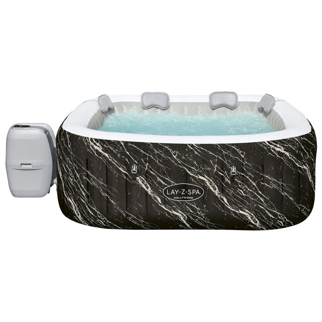 An inflatable hot tub with a marble pattern and a separate control unit.
