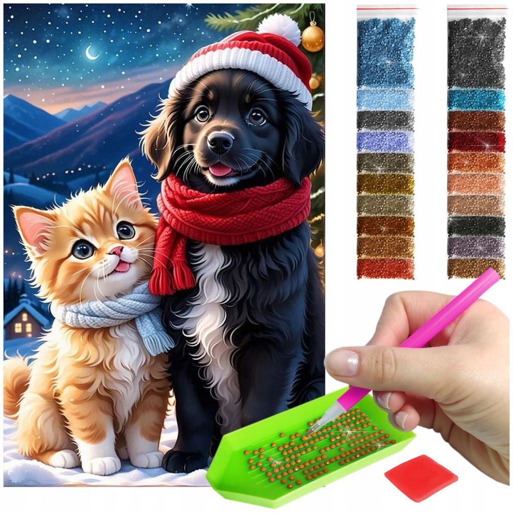 ARTULIO - Diamond Painting Set - Weihnachtlicher Hund mit Katze - 60 x 40 cm - Groß XXL - Crystal Art, Bilder DIY, 5D Diamant Painting
