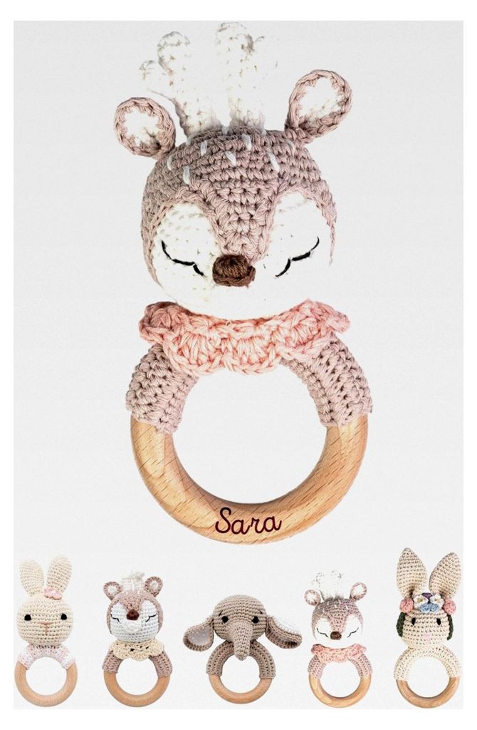 Personalisierter Beißring für Babys - Niedlicher Greifling ab 0 Monaten - Babyrassel mit Name als Geschenk für Mädchen und Jungen (Reh mit rosa...