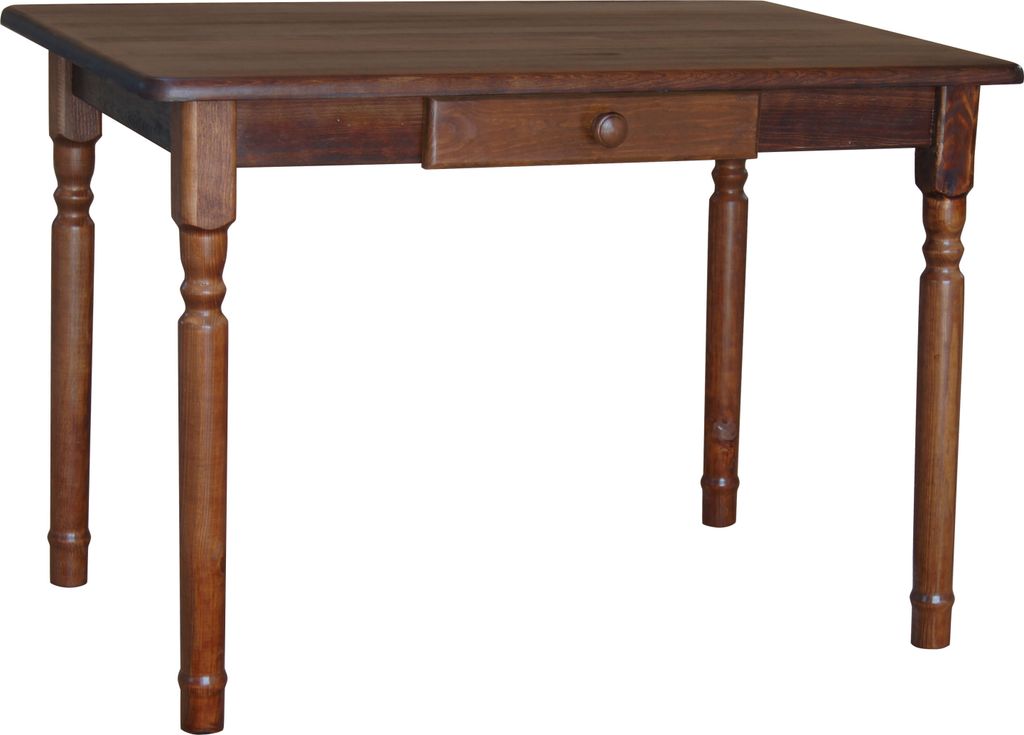 A square wooden table with a drawer is presented against a white background.