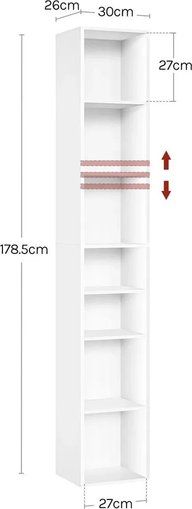 Bibliothèque étroite 7 compartiments 30x26x178,5 cm blanche en bois E1 - 7