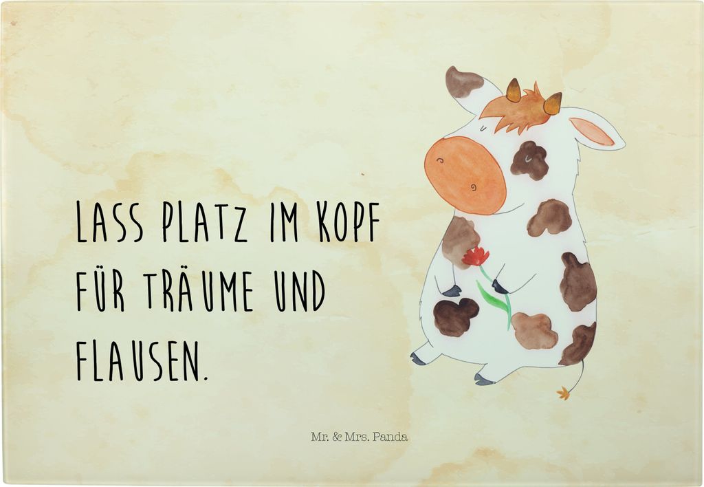 Mr. & Mrs. Panda Servierplatte Kuh - Vintage - Geschenk, Bauernhof, Hackbrett, Schneidebrett Glas, Milch, Frühstücksbrett, Motivtion, schneidbret...