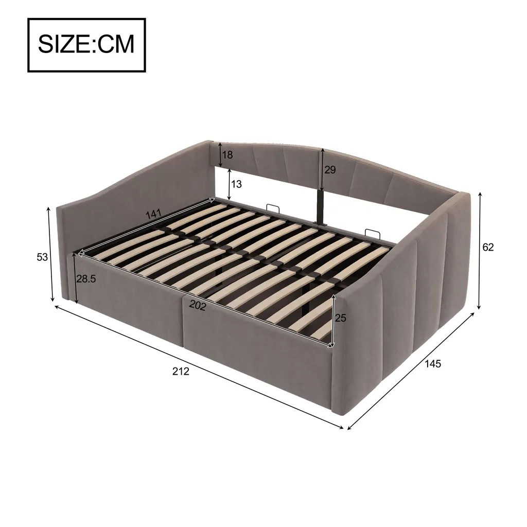 Canapé-lit double 140x200 polyvalent gris avec sommier et rangements