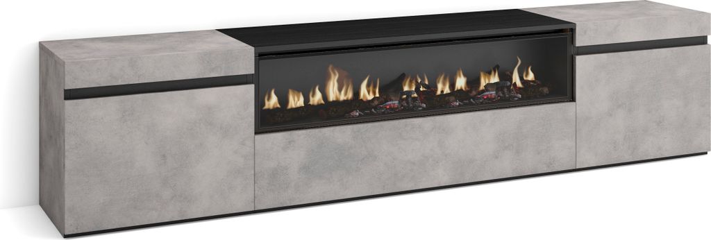 A modern TV cabinet with a built-in electric fireplace, shown against a white background.