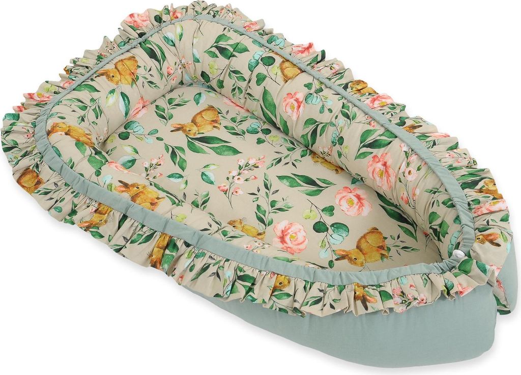 Baby Kokon Laufstall Wickeltuch Premium mit Rüschen - Kaninchen mit Blumen