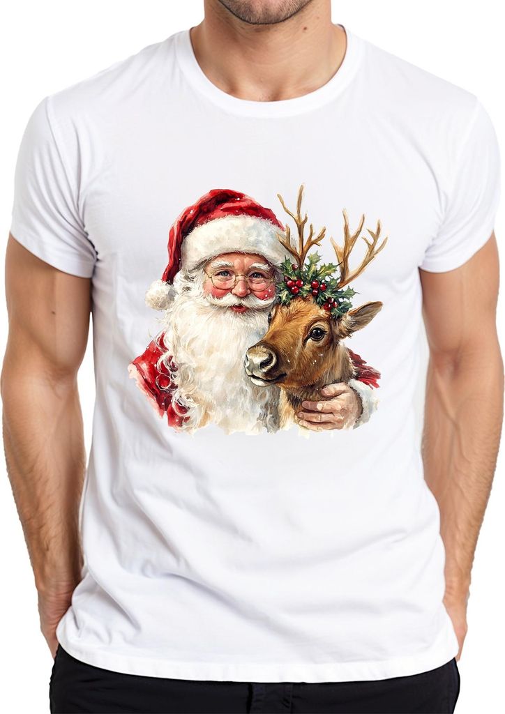 Weihnachtsmann Rentier Aquarell Weihnachten Geschenk Vintage Herren T-Shirt, Weiß, 3XL