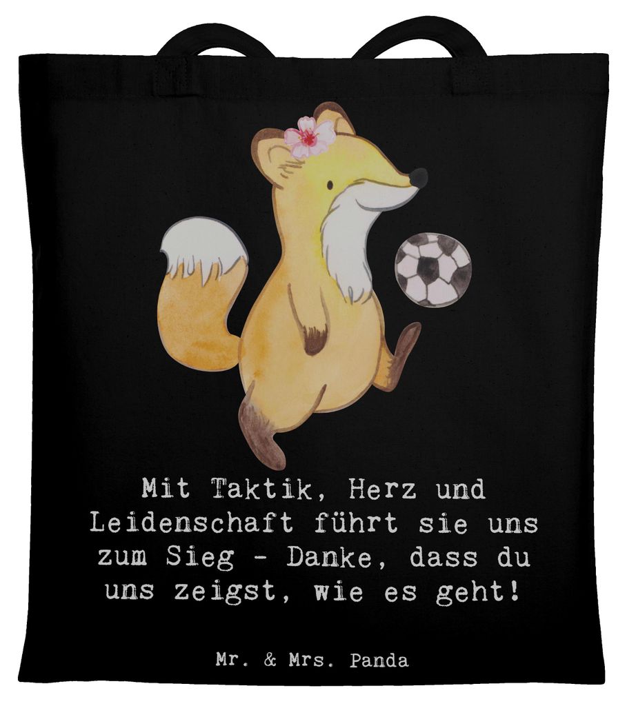 Mr. & Mrs. Panda Jutebeutel Fußball Trainerin - Schwarz - Geschenk, Danke, Spiele, Danksagung, Sportarten, führt sie uns zum Sieg, Schultasche, T...