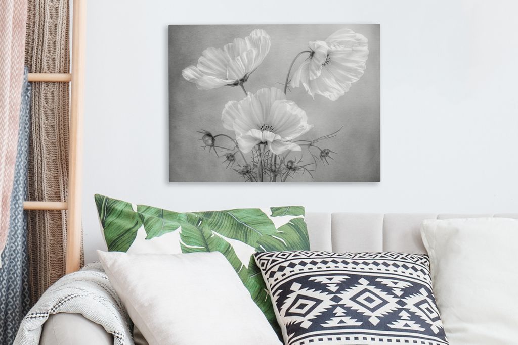 MuchoWow - Leinwandbilder - Stilleben - Blumen - Schwarz und weiß - Mohn - Botanisch, Wandbild, Wanddeko Bilder Wohnzimmer, 40x30 cm