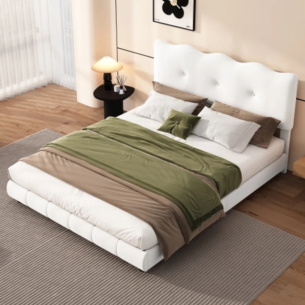 Lit velours 140x200 blanc avec tête de lit réglable et design ondulé