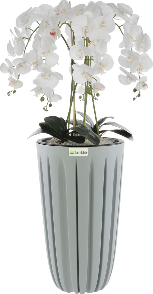 Künstliche Orchidee Weiß Kaskaden Blumenstrauß im Topf mit Rillen Grau, H 100 cm, gummierte Blumen, 5 Triebe Dekoration Schön Stilvoll Für Zuh...