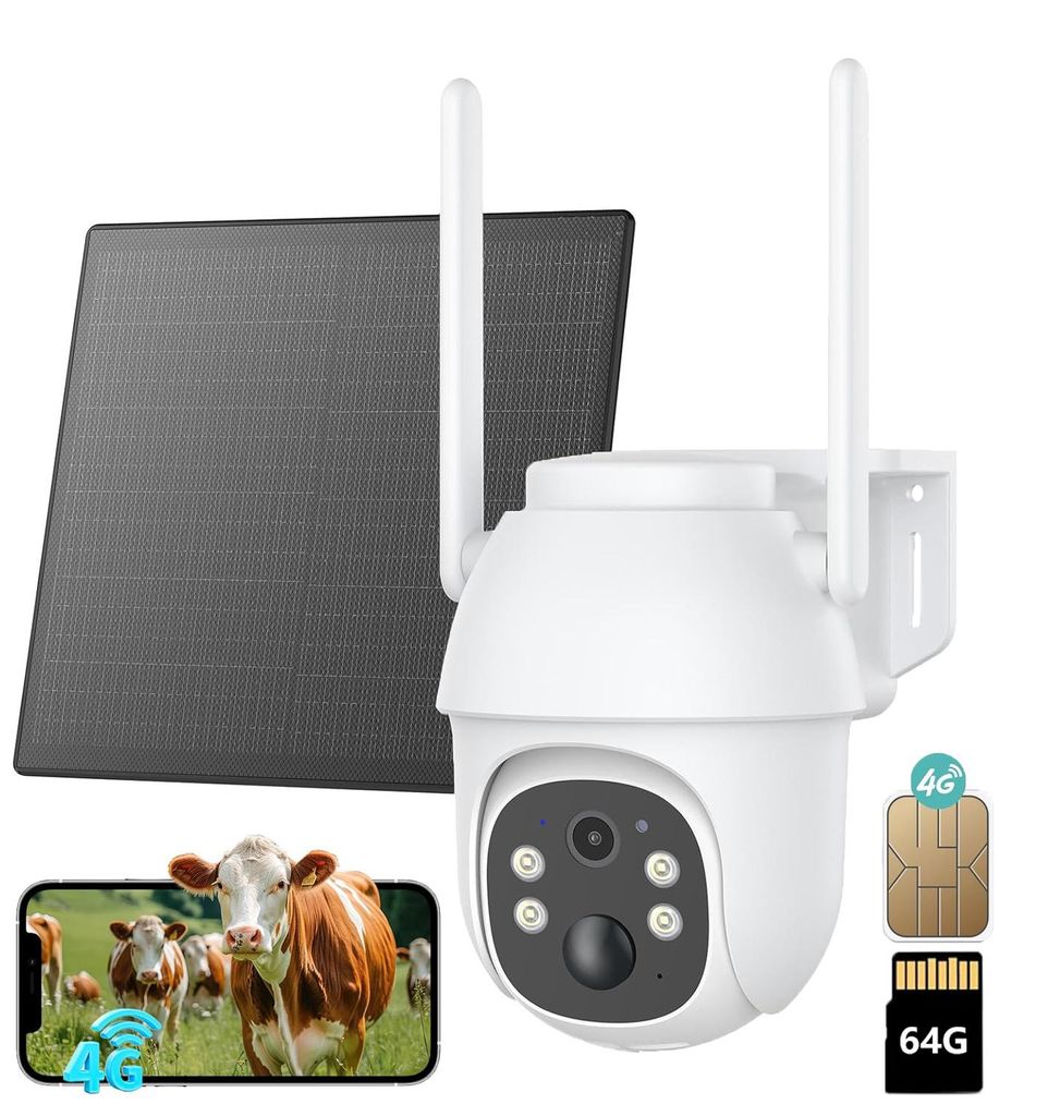 4G LTE Überwachungskamera Aussen Solar mit SIM Karte 2K 3MP PTZ Kabellos Kamera Ohne WLAN Outdoor Akku 355°/90° Schwenkbar Farb/IR Nachtsicht mi...