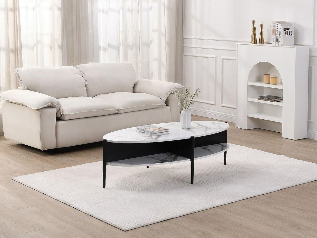 Ovaler Couchtisch mit 4 Nischen aus MDF und Metall - Weißer Marmoreffekt und schwarz - EVARO