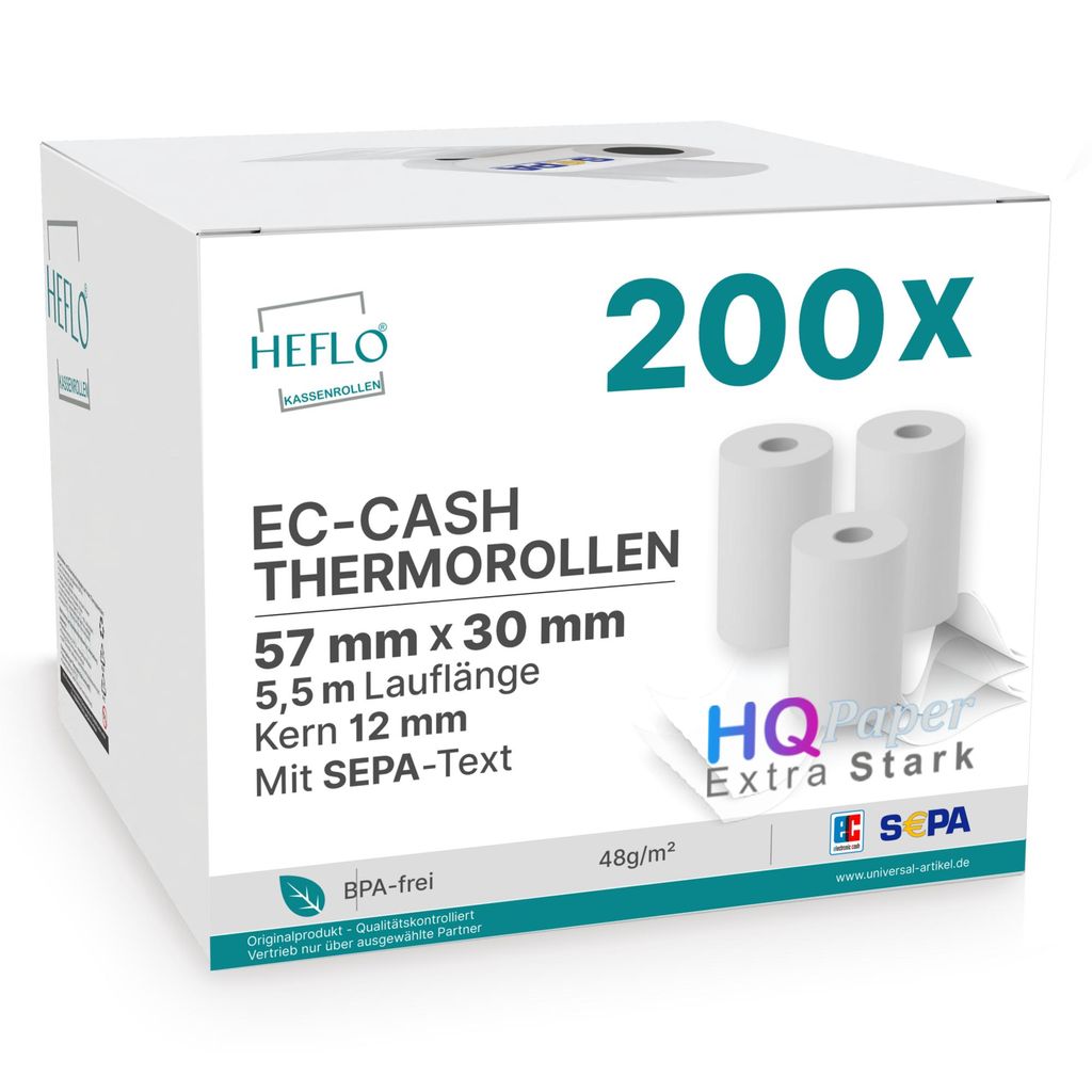 200 Kassenrollen 57mm Thermorollen 5,5m 57 x 30 x 12 mm SEPA HQ Papier EC Rollen
