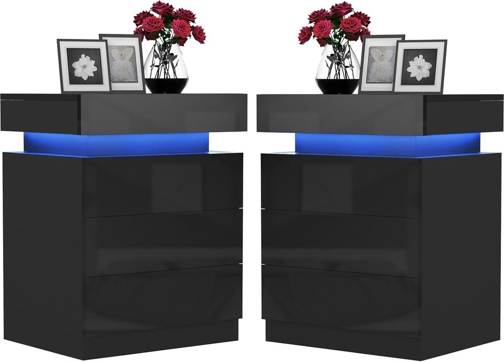 2x Nachttisch mit LED,Schwarz Hochglanz Nachtschrank mit Produktbild 