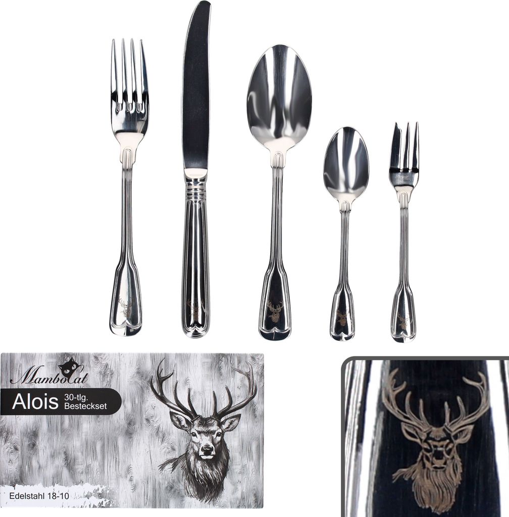 A set of cutlery displayed against a white background, with a packaging box showing a deer illustration.