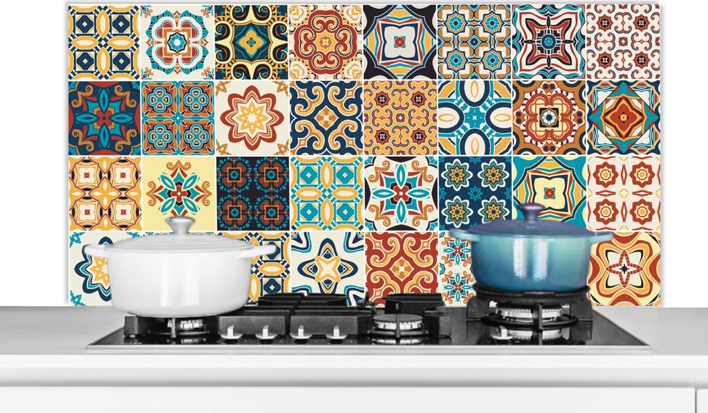 KitchenYeah Spritzschutz Küche - Küchenrückwand - Wandschutz für Herd und Spüle - Blumen - Vintage - Muster - Blau - Orange 120x60 - Alu-Di...