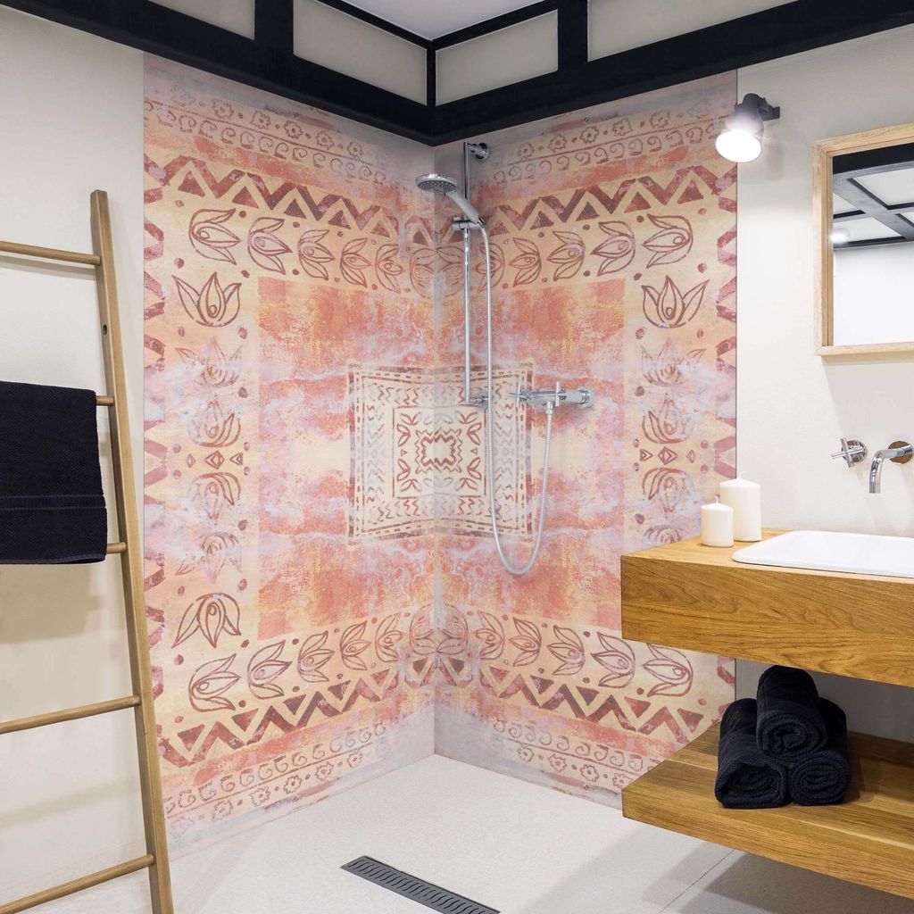 Duschrückwand Muster selbstklebend - 0.61 mm Wandpaneel wasserfest Ornament rot Orientalisch Badrückwand fugenlos Premium matt 90x200 cm