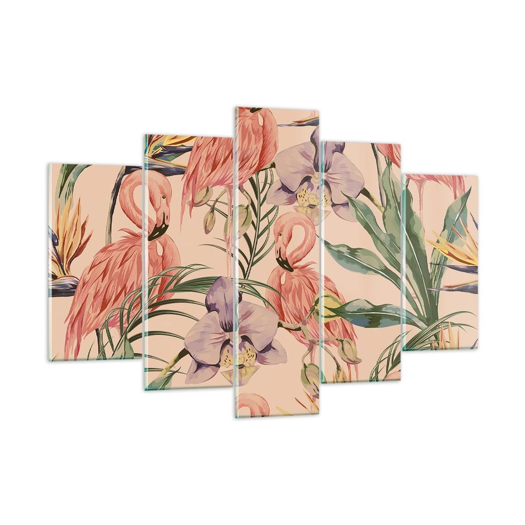 Bilder auf glas - Flamingos Pflanzen Vogel exotisch - 150x100cm - Glasbilder - Wandbilder - Kunstdruck - Wanddekoration aus Glas - Glas Bilder - Wa...