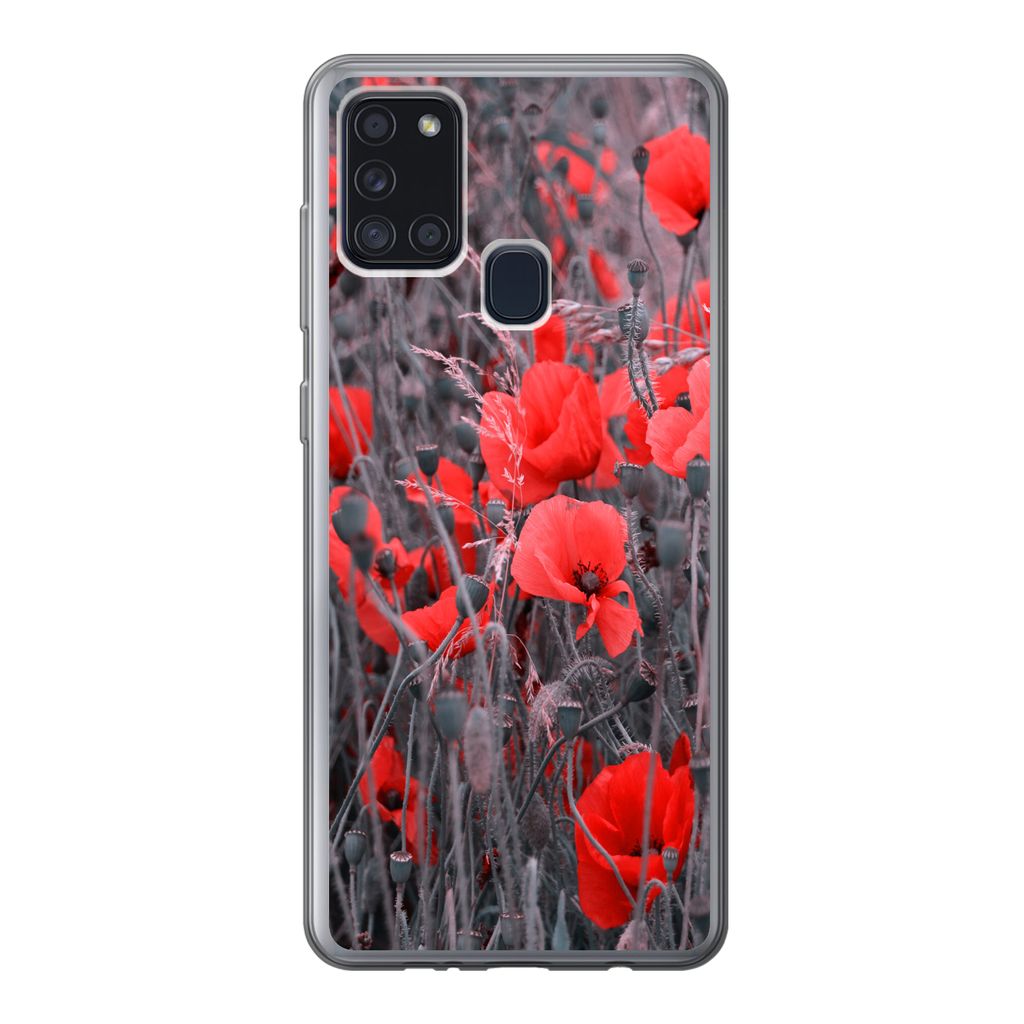 MuchoWow Handyhülle Schutzhülle Hülle für Samsung Galaxy A21s Rote Mohnblumen in einem Schwarz-Weiß-Bild Silikon Softcase Handy Hülle - Har...