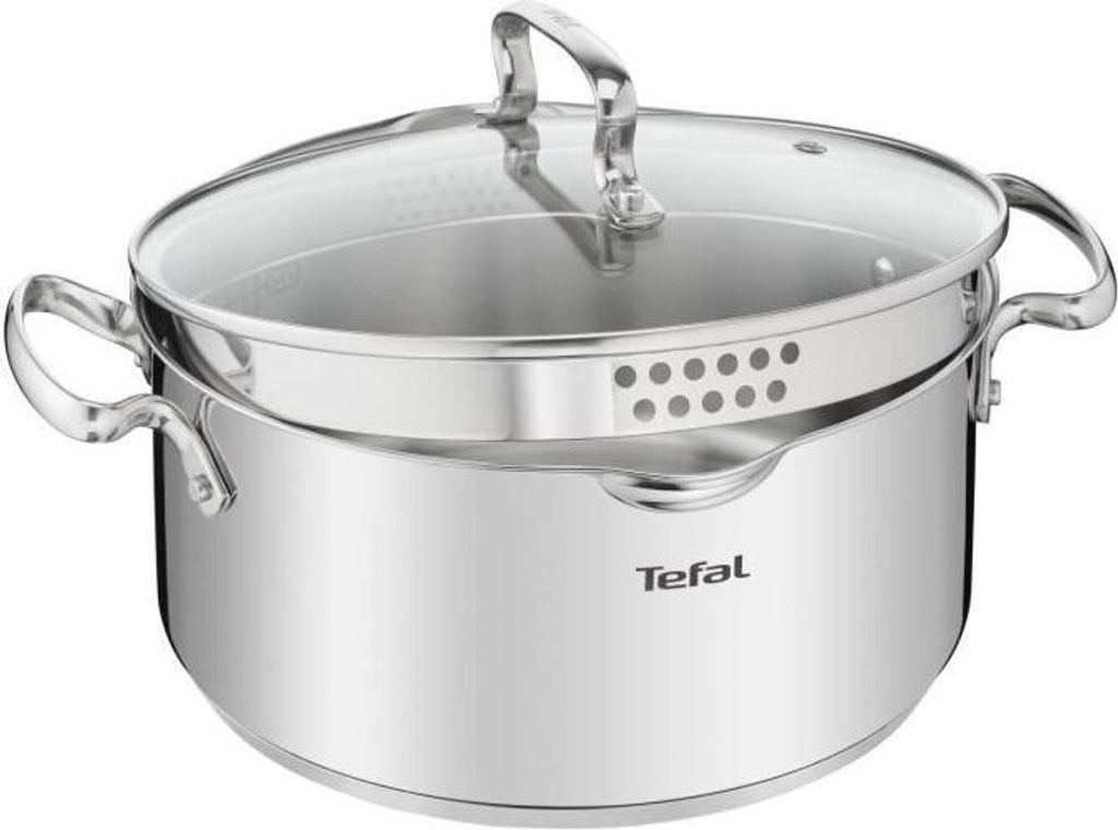 A stainless steel pot with a glass lid and a steamer insert.