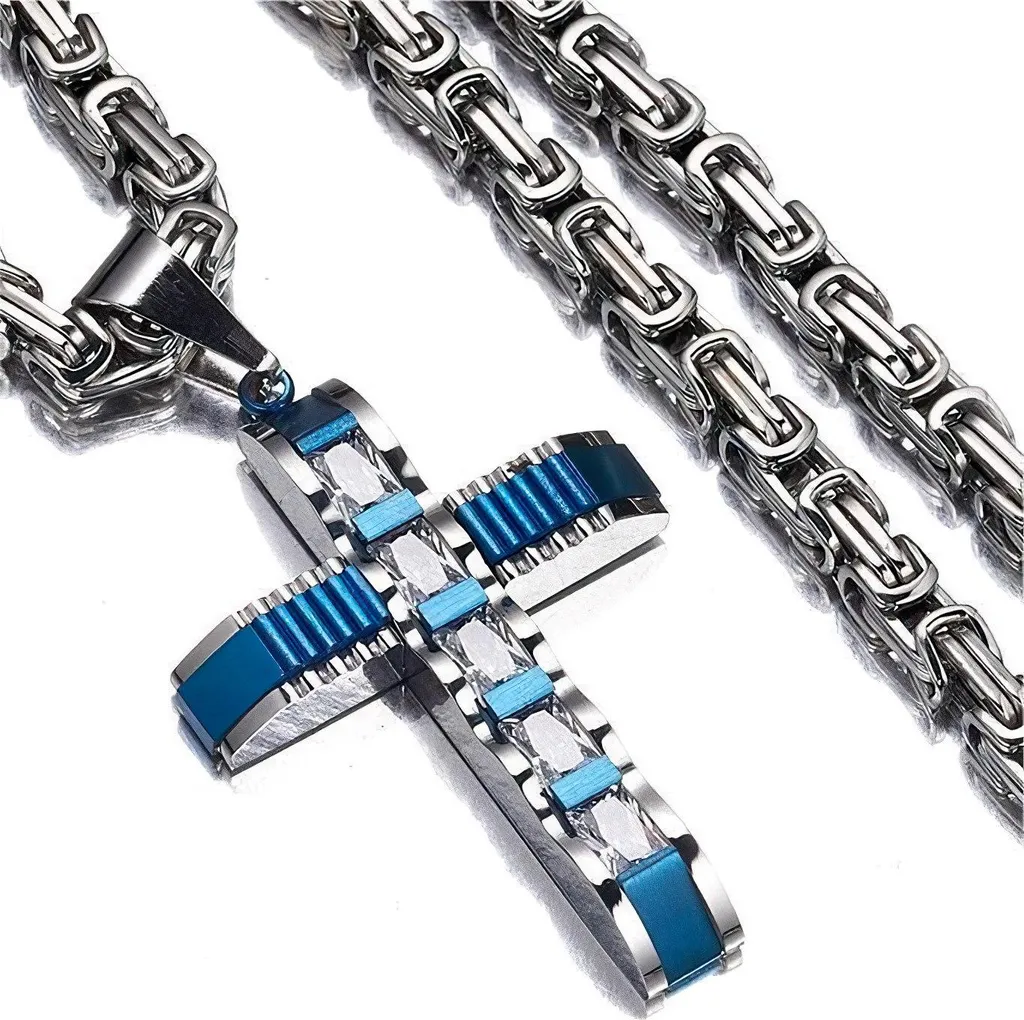 Chaîne pour homme DJ avec croix bleu et argent 60cm KP38731 élégante