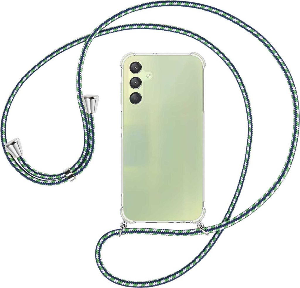 Handykette Backcover-Schutzhülle mit Band (Metall silberfarben) für Samsung Galaxy A15 - grün/blau/weiß