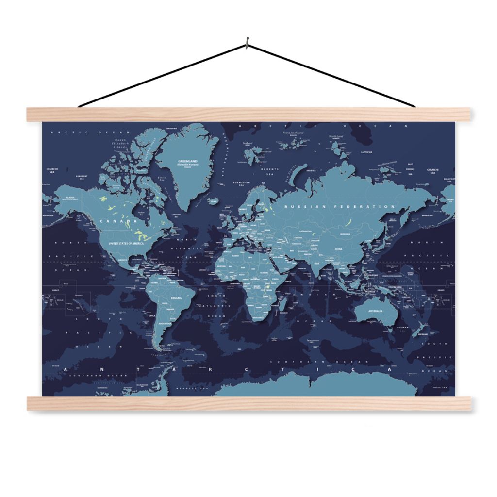 MuchoWow Textilposter Weltkarte - Abstrakt - Blau 120x80 cm mit holzfarbenen Rahmen - Aufhängeset