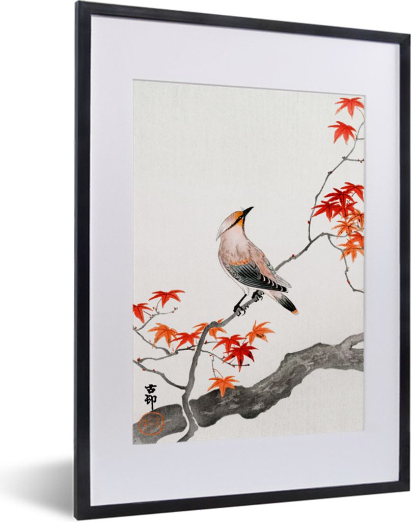MuchoWow Gerahmtes Poster Zweig - Vogel - Japanischer Ahorn - Skandinavisch 30x40 cm - Poster mit Schwarzem Bilderrahmen Wandposter Rahmen Foto B...