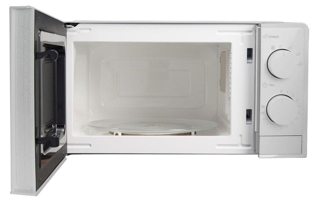 Interior view of an open microwave oven.