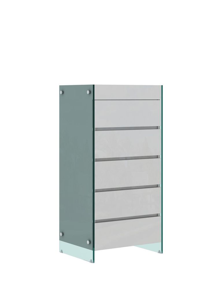 Soho SH06 Kommode, Weiß Hochglanz MDF, 5 Schubladen, Glasbeine