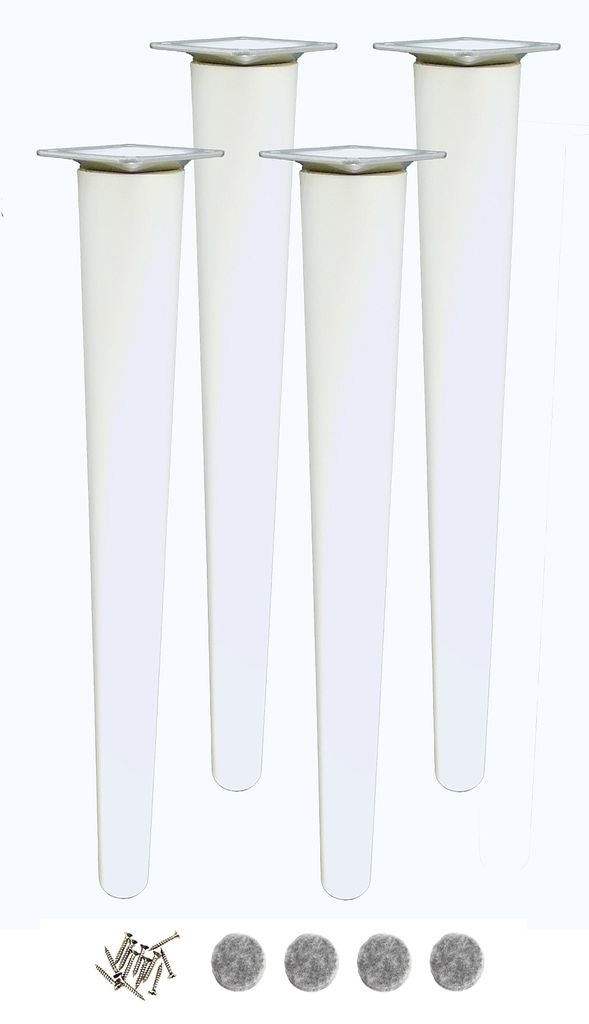 Four white furniture legs with silver tops, along with screws and felt pads.