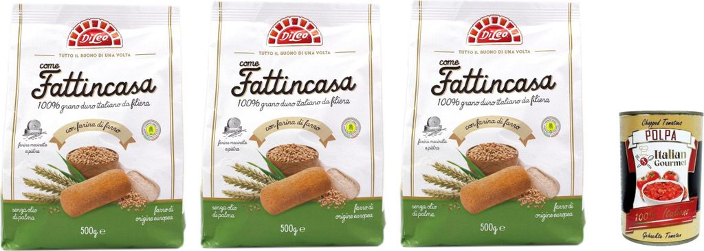 Di Leo Biscotti come Fattincasa con farina di farro, Kekse als hausgemachtes mit geschrieben Mehl, biscuits 3x 500g + Italian Gourmet polpa 400g