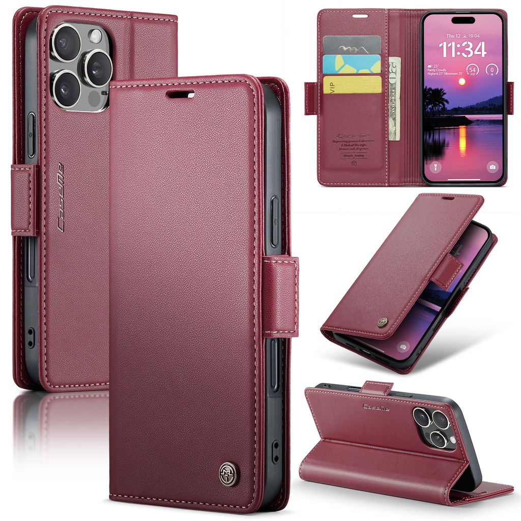 Lederhülle für iPhone 16 Pro Brieftasche Kartenfach Schutzhülle mit Standfunktion Rot