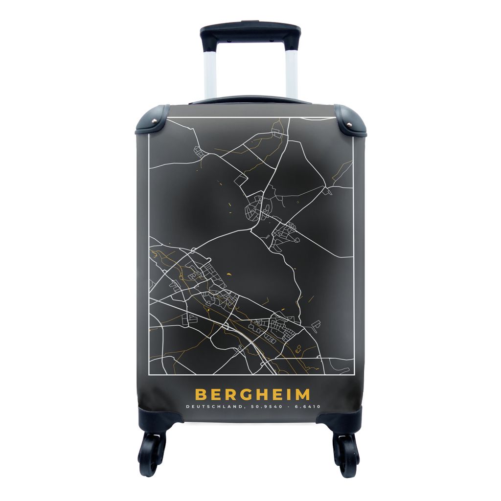 MuchoWow Koffer Handgepäck Trolley Rollkoffer Kleine Reisekoffer mit 4 Rollen - Deutschland - Schwarz und Gold - Bergheim - Stadtplan - Karte - ...
