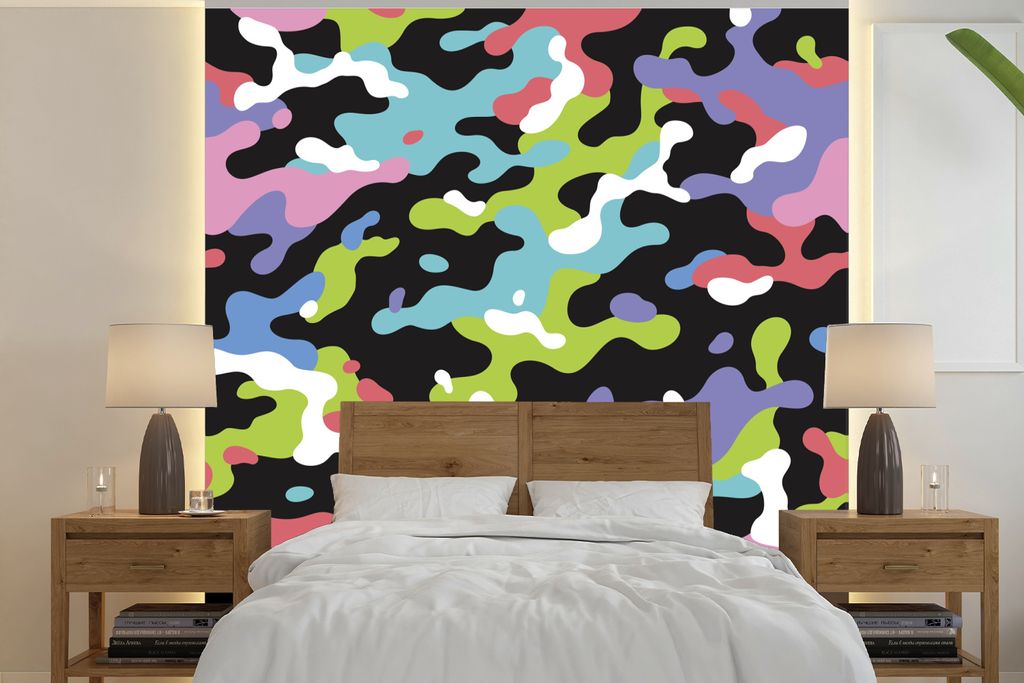 MuchoWow Fototapete für Wohnzimmer oder Schlafzimmer Wandtapete Vinyl Motivtapete Buntes Camouflage-Muster - 300x300 cm - Wanddekoration